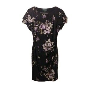 NWT Ralph Lauren Black Floral Stretchy Ruched Side Faux Wrap Dress SZ 4 (Read)